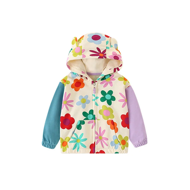 Jumping Meters 2-7T Flowers Outwear Girls Hooded Shirts With Zipper Hot Selling Children\'s Jackets Outwear Spring Wear