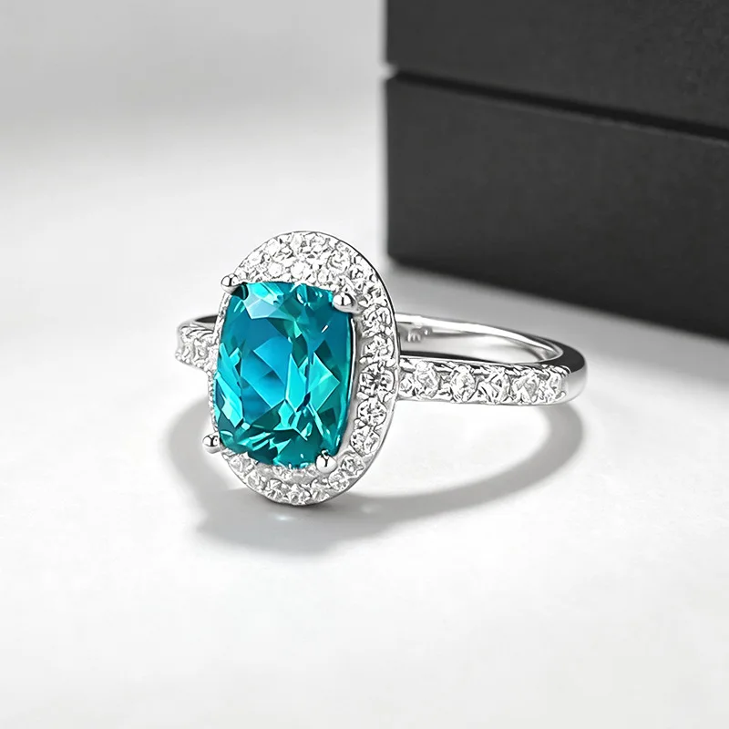 S925 Silver Ring 6*8mm Cushion‑Cut Teal Lab‑Created Gemstone Halo Ring Pave Side Band Elegant Fine Jewelry Women Engagement