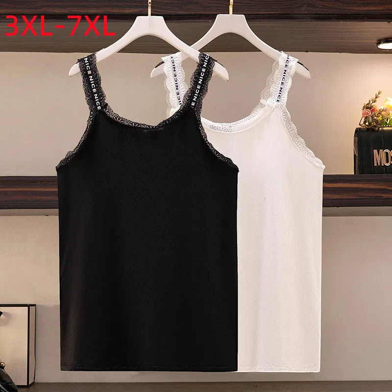 New 2022 Summer Plus Size Basic Tank Tops For Women Large Size Sleeveless Lace Black Cotton Vest Sun-top 3XL 4XL 5XL 6XL 7XL