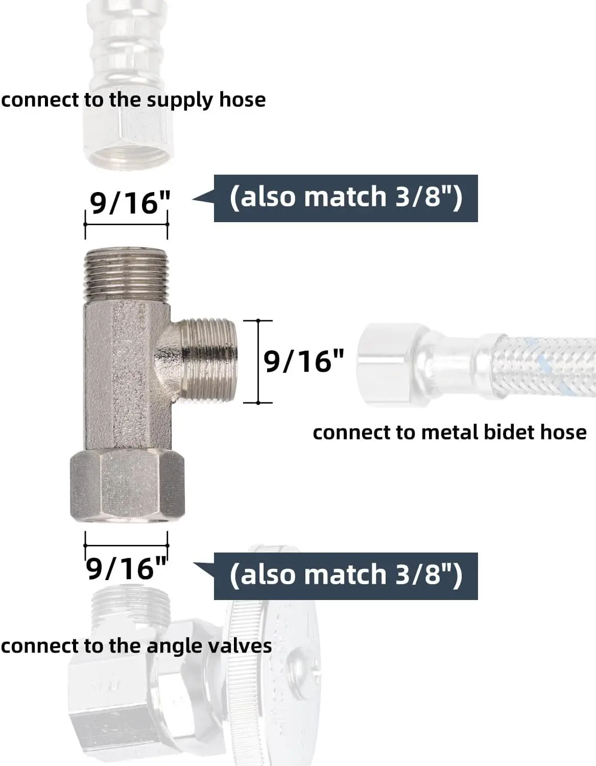 Brass 3/8\' 1/2\' 9/16\'  T Valve Adapter Connector for Toilet Seat Bidet Attachment Sprayer Bathroom Plumbing Fittings Accessories