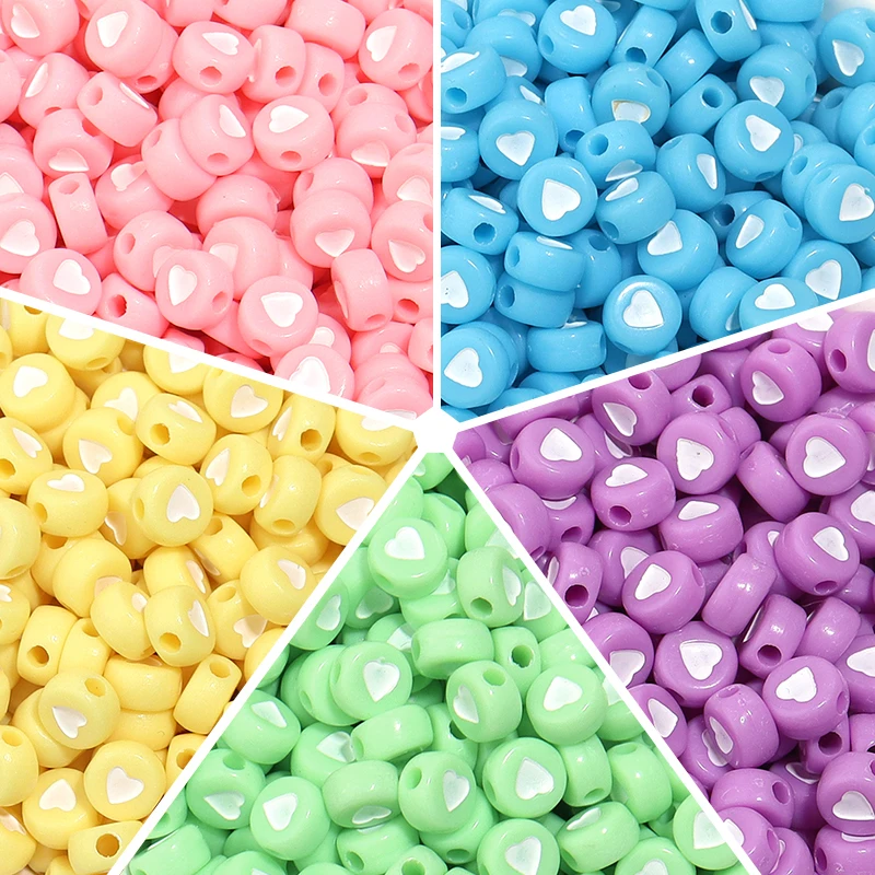 100Pcs/Lot Flat Round Acrylic Beads Colorful Heart Loose Spacer Bead for Jewelry Making Handmade DIY Bracelet Necklace Accessory