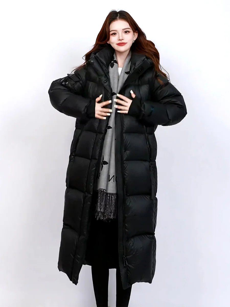 

Корейское длинное пуховое пальто для женщин, утепленное, белое, зимнее, теплое, выше колена, с капюшоном, повседневное