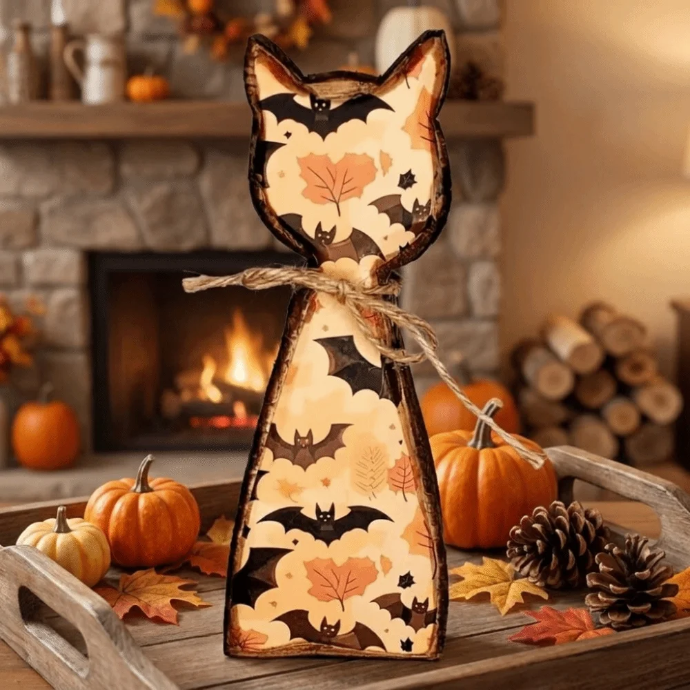 Vintage Wooden Cat Shaped Tray Double Sided Pattern Cartoon Halloween Cat Desktop Decoration Cat Statue Rustic Style