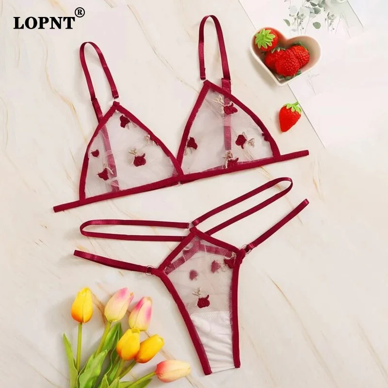 Lopnt-Lencería de conjunto de lencería Sensual de malla fina para mujer, ropa interior transparente, disfraces exóticos, juego de sujetador de bordado fina