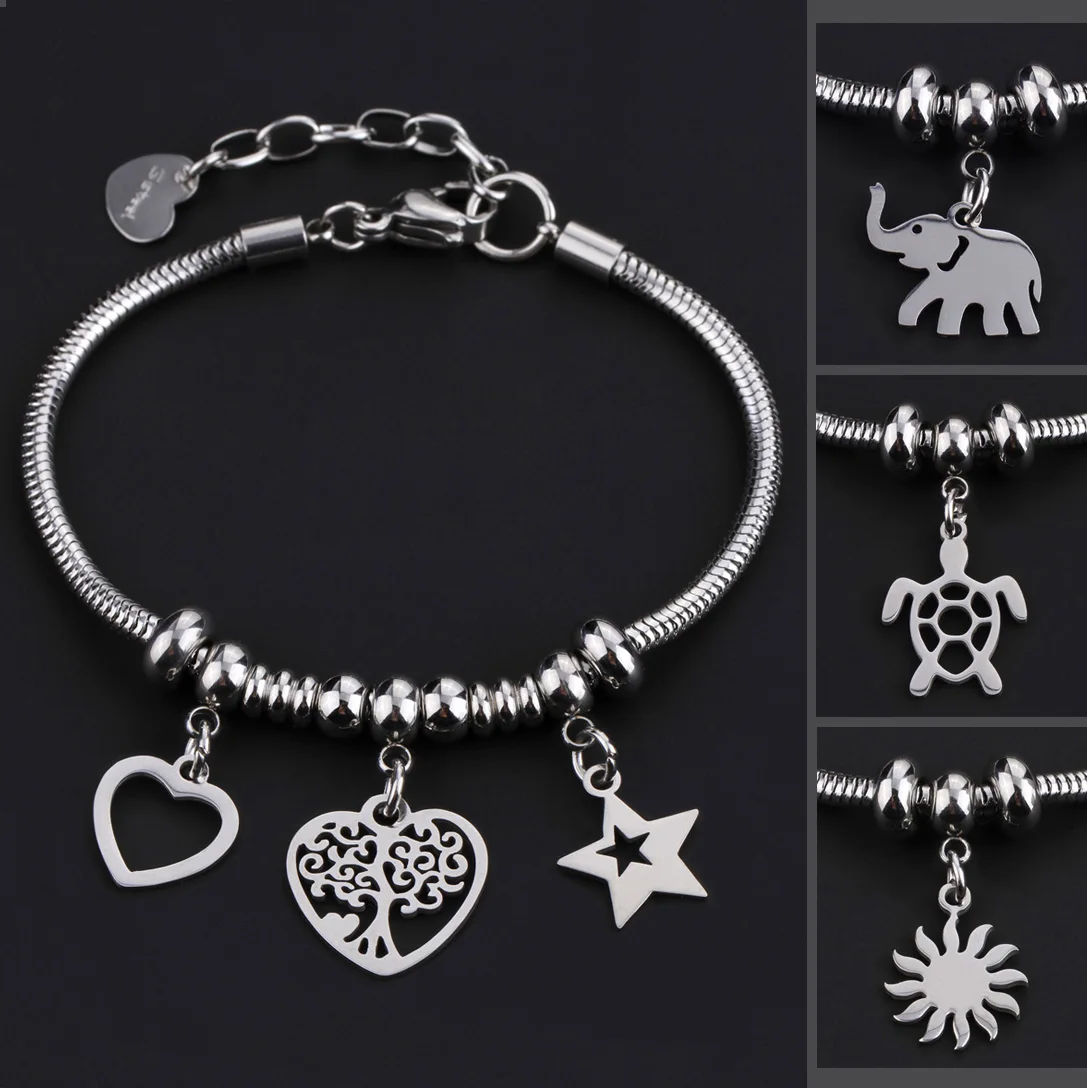 สแตนเลสสตีลสร้อยข้อมือผู้หญิงมือ Love Heart Angel Moon Cat Evil Eye ช้างแฟชั่นเครื่องประดับของขวัญเพื่อนขายส่ง