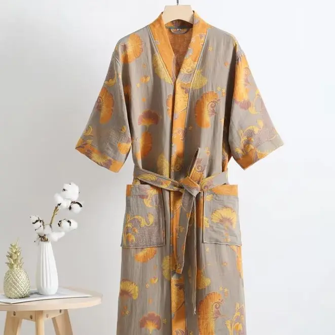 

Мужской и женский хлопковый халат из двойной марли, тонкая летняя пижама, домашняя одежда, впитывающая влагу и быстросохнущая.