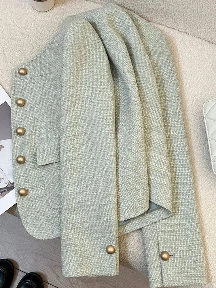 Zoki Korean Sweet Green Jacket Women Casual O Neck Long Sleeve Tweed Coat Fashion Single Breasted Female Chic Blazer Jackets