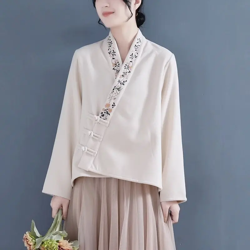 

Новый осенне-зимний двусторонний бархатный топ с вышивкой в китайском стиле, свободное пальто с v-образным вырезом и длинными рукавами, кардиган, китайская блузка для женщин