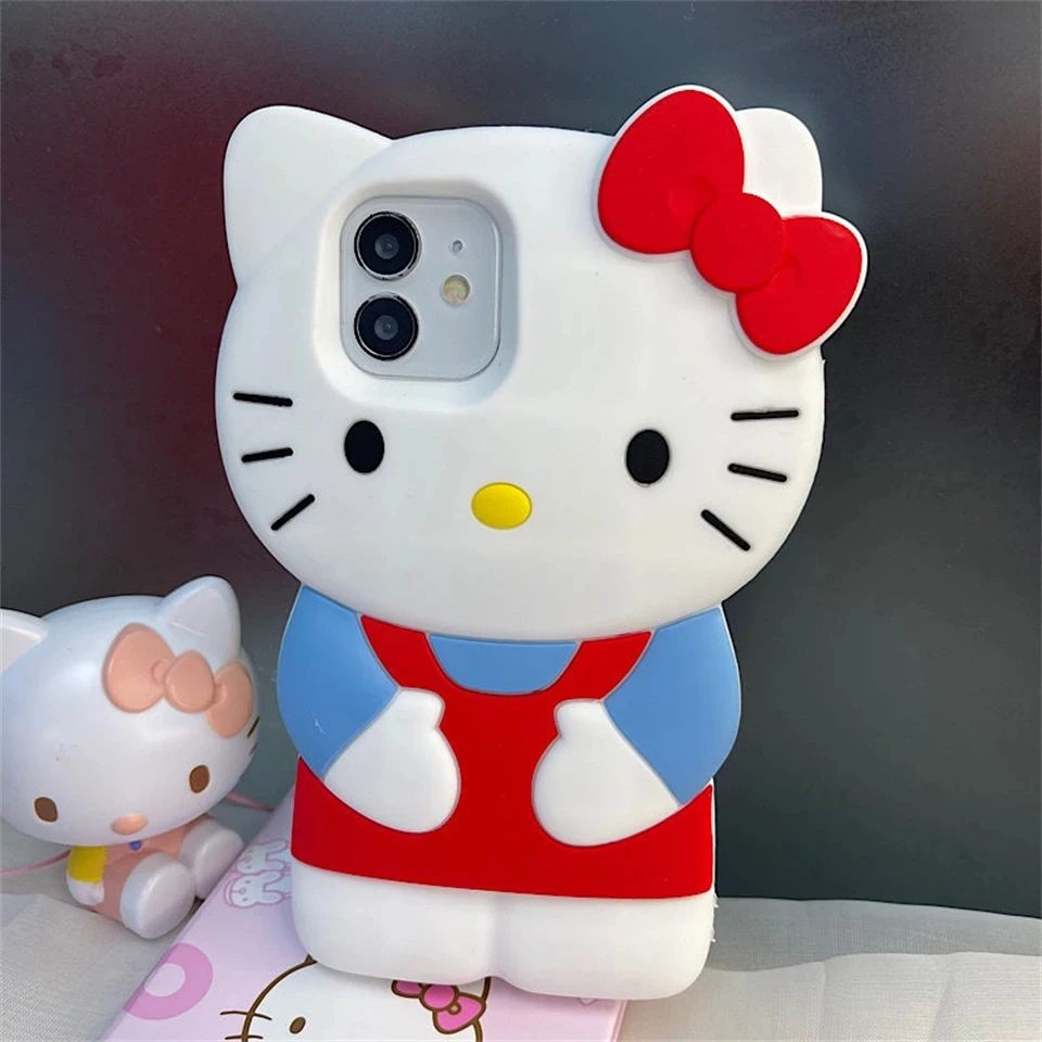 Sanrio 3D Stereoscopic Hello Kitty Cases For iPhone 16 15 14 13 12 11ProMax Mini XR XS 8Plus Soft Silicone Shockproof Back Cover