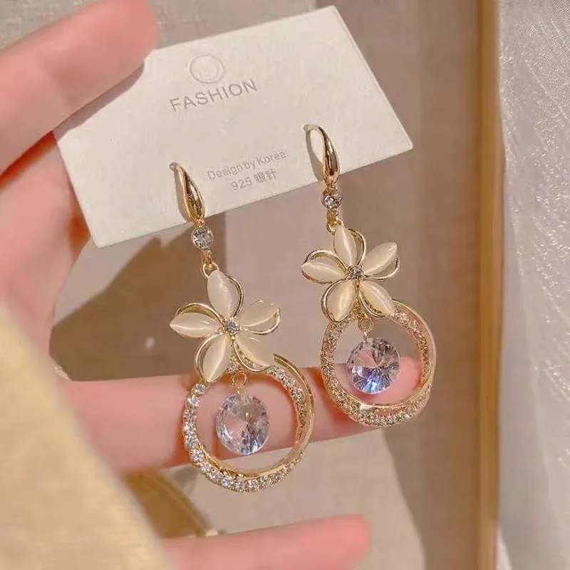 New Fashion Elegant Opals Flowers Pendant Earrings For Women Girls Golden Round Crystal Zircon Wedding Earrings Jewelry Gift image 4