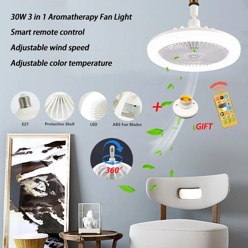 

Современный комнатный потолочный вентилятор, 30 Вт, лампа с вращением на 360 ° и дистанционным управлением, E27, гостиная, спальня, LED освещение 3 в 1