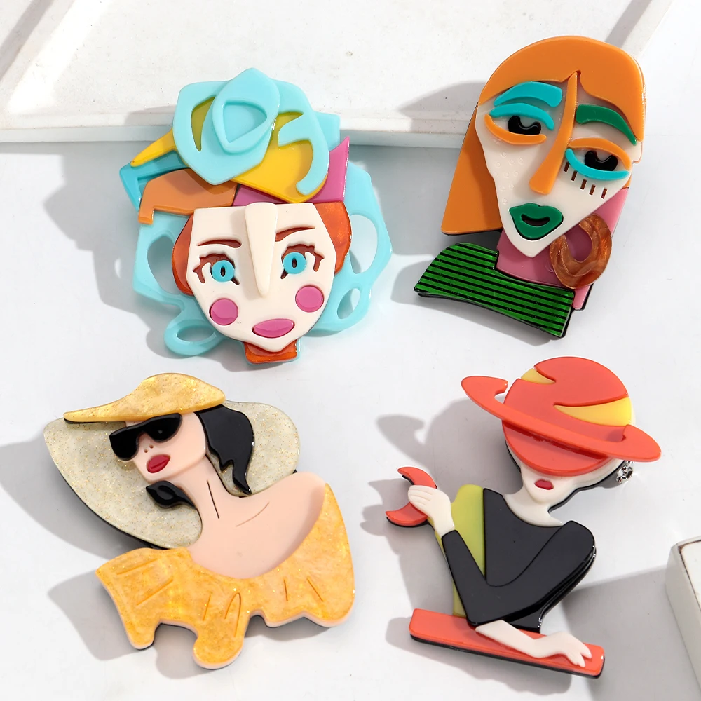 Cute Abstract Lady Figure Acrylic Brooches Pins for Women Creative Funny Cartoon Female Resin Badge Jewelry Accessories Gifts