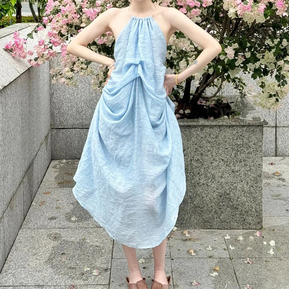 

Irregular Hem Linen Women's Dress y2k Sexy Backless Elegant Commuter Neck Sleeveless Dresses 2025 Summer New