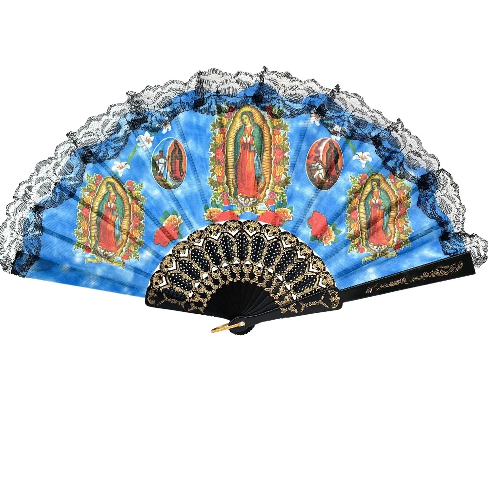 12 Pcs Our Lady of Guadalupe Hand Held Folding Fans with Plastic Frame Spanish Vintage Retro Style For Baptism First Communion Christening Religious Gift Wedding Birthday Party Favor