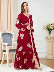 Abaya musulmane avec ceinture pour femme, robe marocaine avec boutons en fer, caftan à ourlet fendu, robes de soirée éducatives, mode de Dubaï, automne, 2022