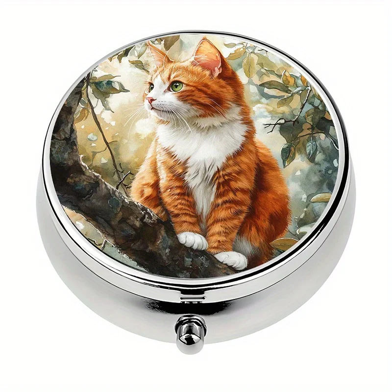 Single pack, wallet-style pill organizer with 3 compartments, cat-on-a-tree design, portable pill case suitable for handbags, ideal for travel and daily use