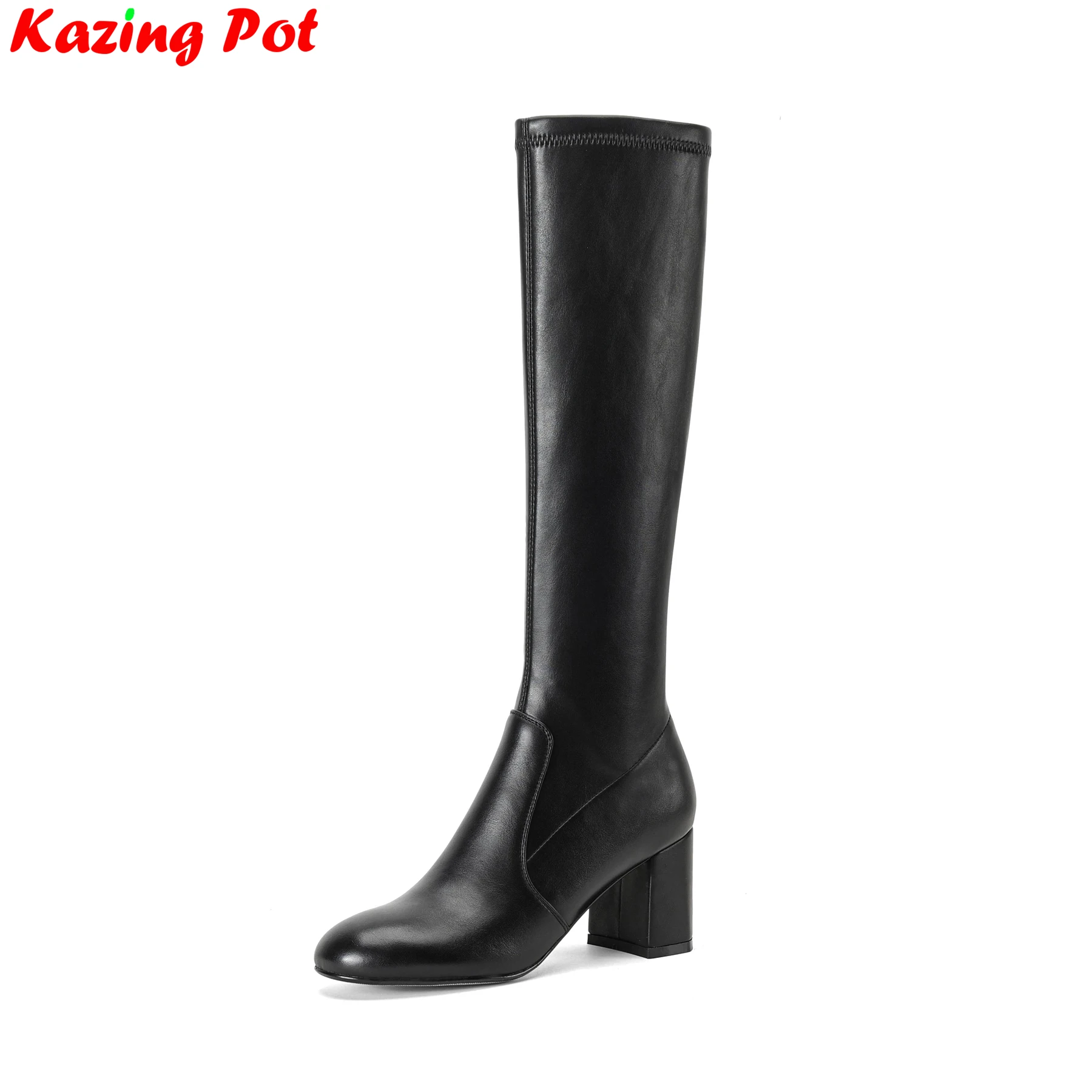 

Krazing Pot Big Size Microfiber High Heels Long Stretch Boots Winter Shoes Brand Slip On Elegant Concise Women Knee-high Boots