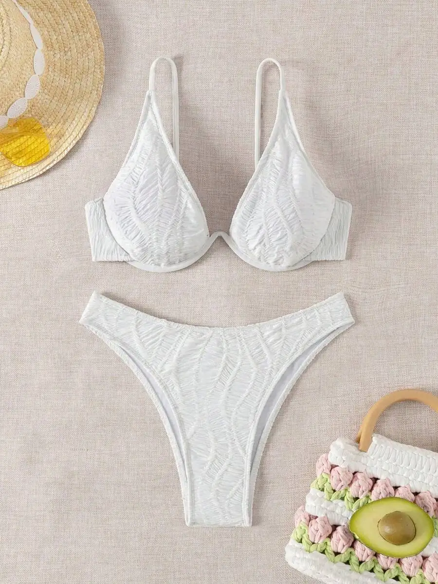 

Womens Textured Criss Cross Underwire Bikini Set Beach Swimwear Summer