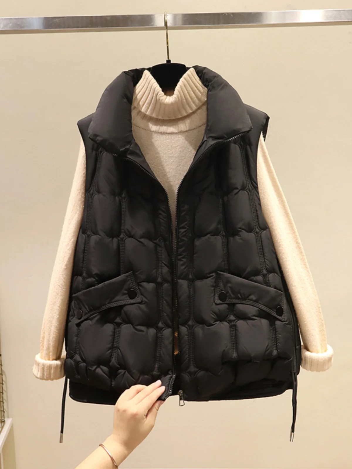 여성용 숏 다운 코튼 베스트 두꺼운 가을 겨울 신상 스탠드 칼라 패션 숄더 패드 코튼 베스트 재킷