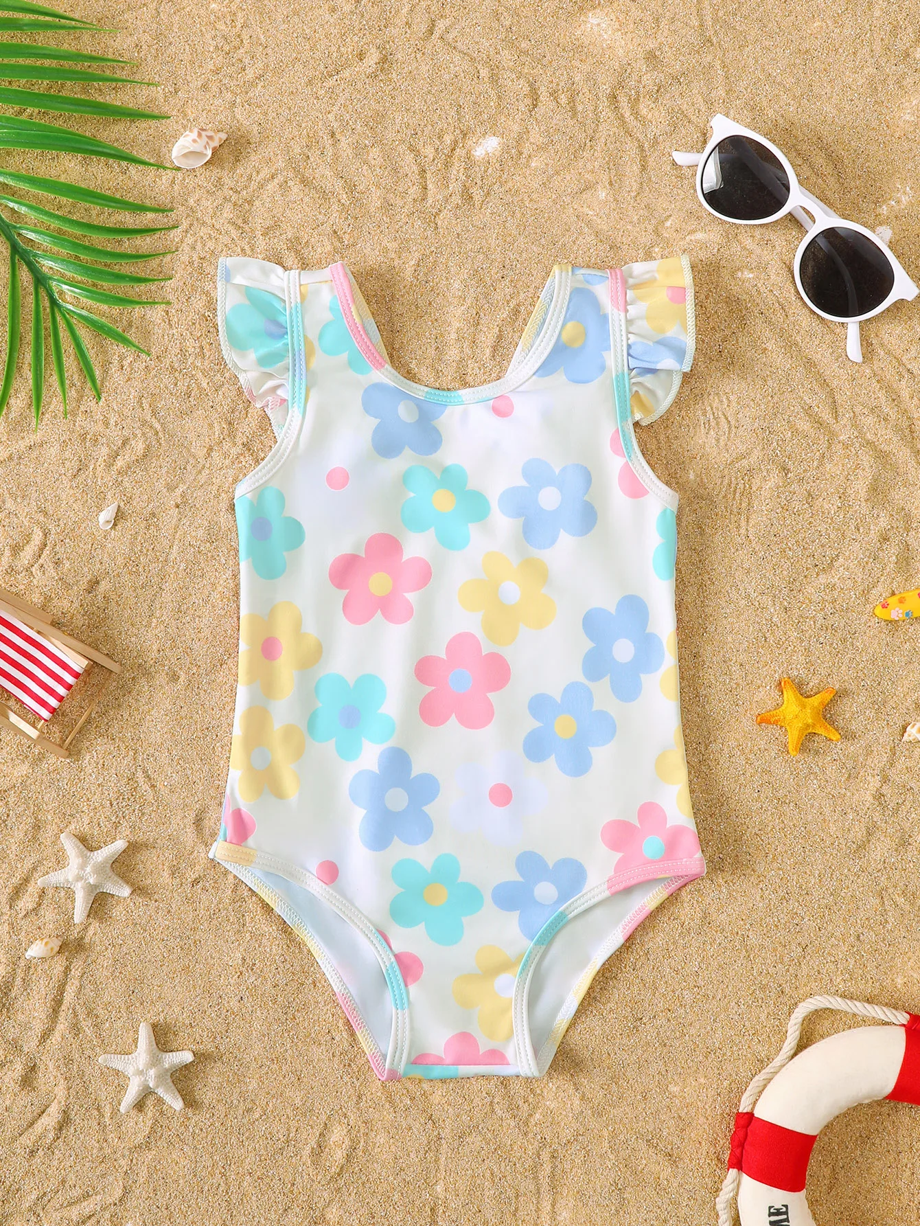 Einteiliger Badeanzug für Babys, Mädchen, Sommer, Blumendruck, Rüschenrand, ärmellos, Säuglingsbadebekleidung, bequemer Baby-Puppenanzug aus weichem Stoff – Detail 1