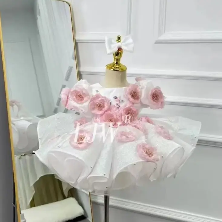 Elegant Girls Puff Sleeves Flower Girl Dress Gorgeous Children's Girl Beauty Pageant Princess Gown Baby Birthday Party Evening D