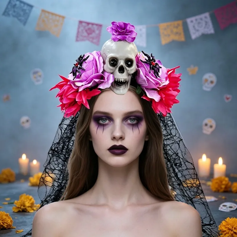 Spooky Bride Skull Headband Delicate Lace Rose Spider Tulle Hair Accessory for Halloween Costume Party Stage Performance