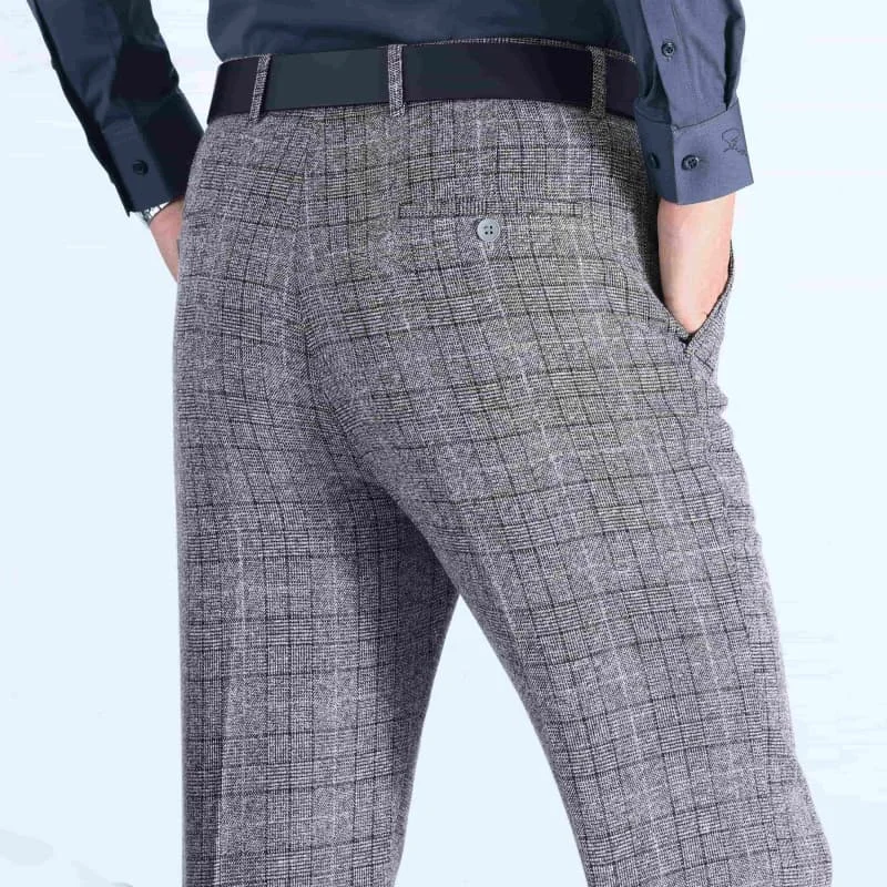 

High Waist Thi Men's Autumn Winter Trousers Straight Leg Wide Waist Deep Crotch Woolen Stripe Patterned Busin Casual Pants