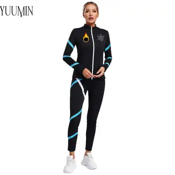 Kadın Artistik Patinaj Kostüm Spor Elbise Renk Dans Patchwork Ceket Uzun Kollu Kazak + Tayt Spor Yoga Egzersiz Kıyafetleri