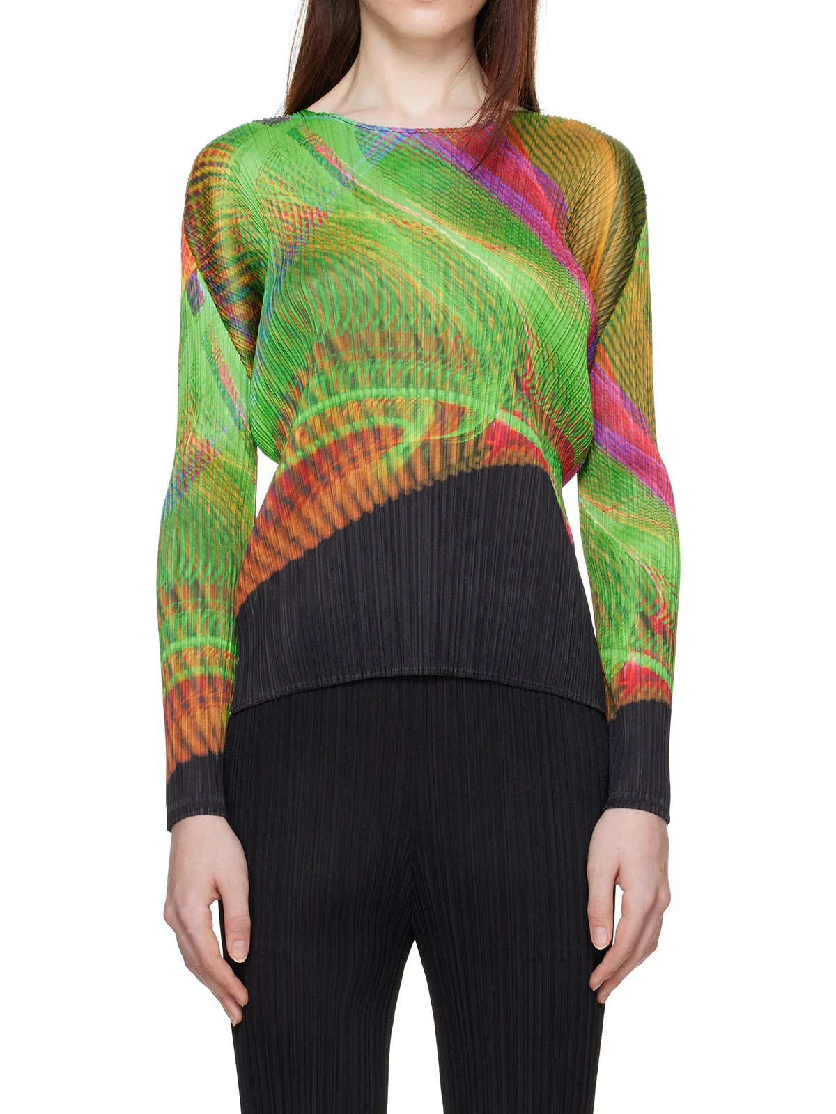 مياكي مطوي بأكمام طويلة متعدد الألوان الطيف الأعلى المرأة الجرافيك المطبوعة الملابس مطوي التريكو تي شيرت