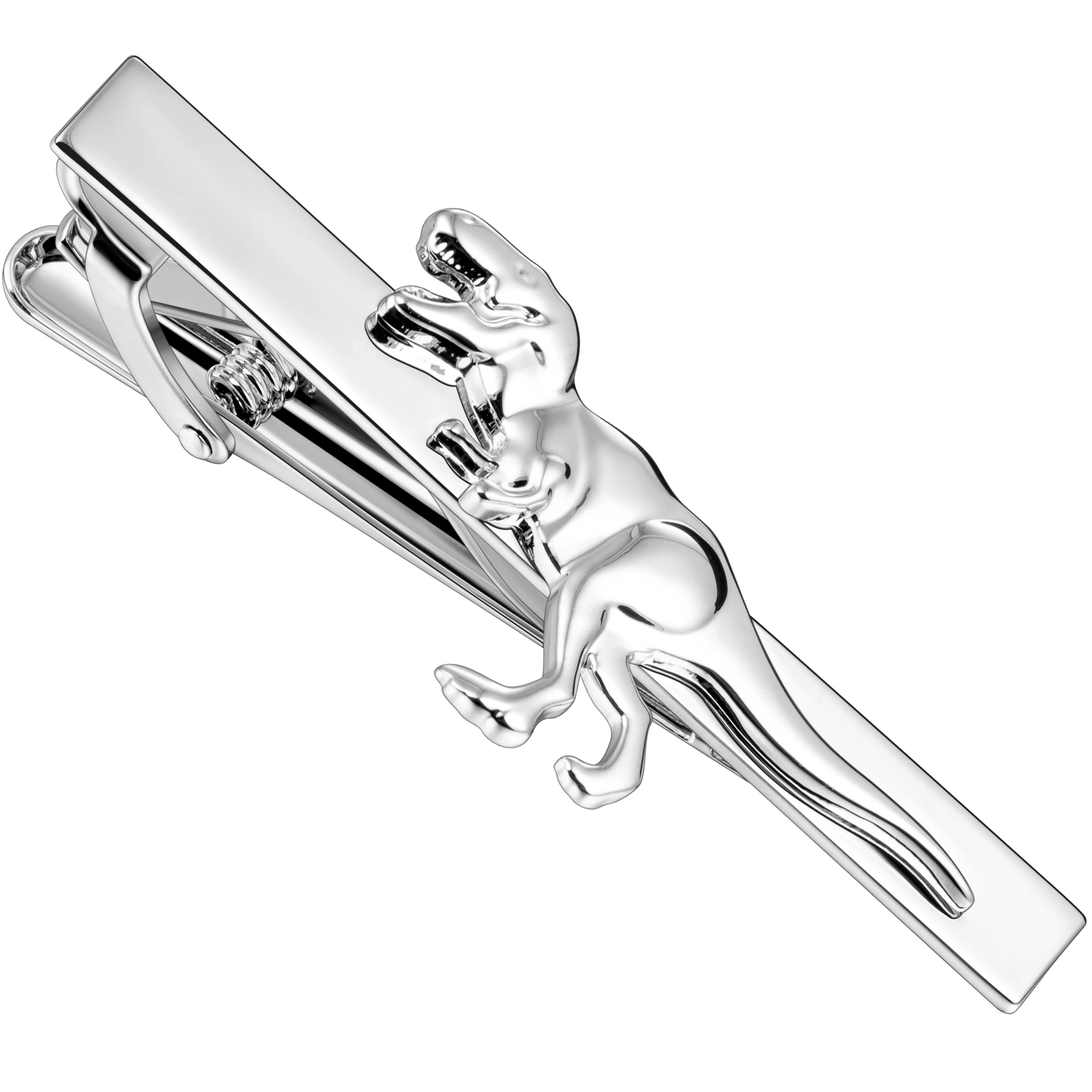 Dinosaur T‑Rex Tie Clip for Men Brass Silver Tone 2 Inch Spring Clasp Novelty Animal Tie Bar Business Wedding Party Gift HAWSON