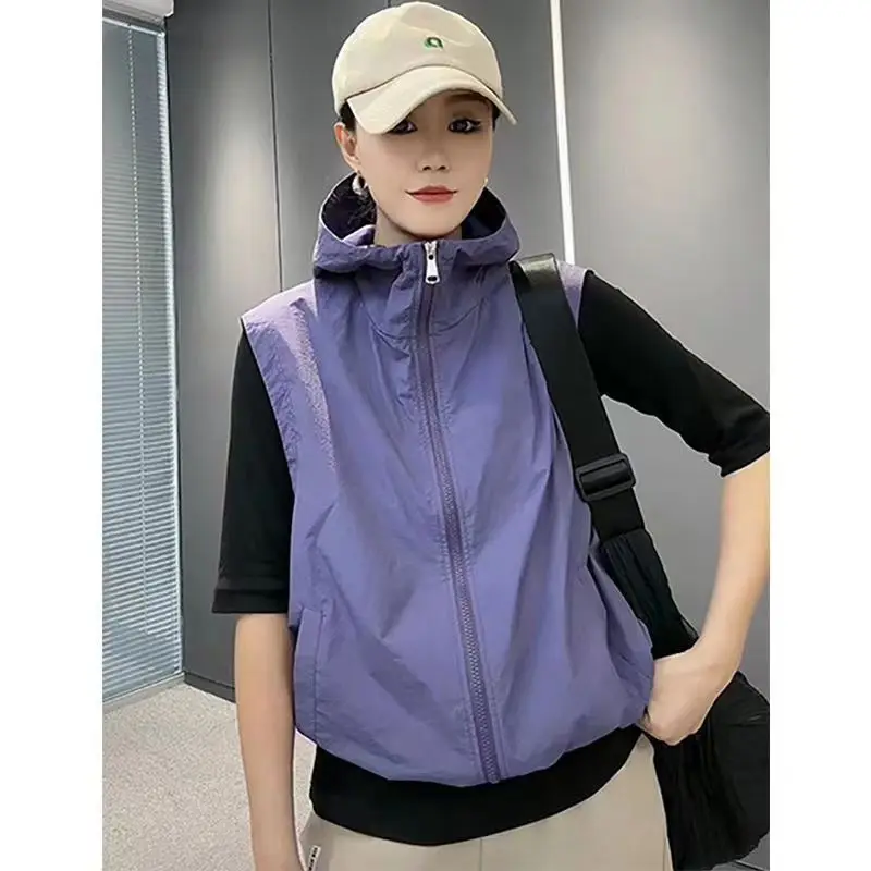 Women sun-protective clothing, summer vest, sun-protective clothing, Korean style, thin vest with hood, short coat