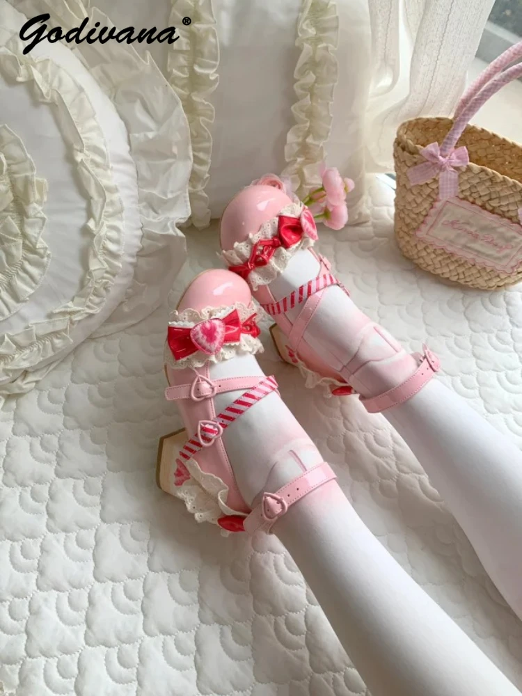 

Original Lolita Sweet Strawberry Girl Students Mary Janes Kawaii Candy Color High Heels JK Uniform Women's Leather Shoes
