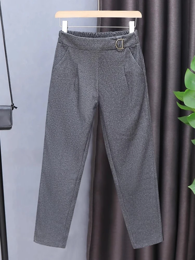 

2025 New Woolen Haren Pants Women Autumn Winter Solid Loose Slim High Waist Nine-Point Trousers Female Versatile Loose Slacks