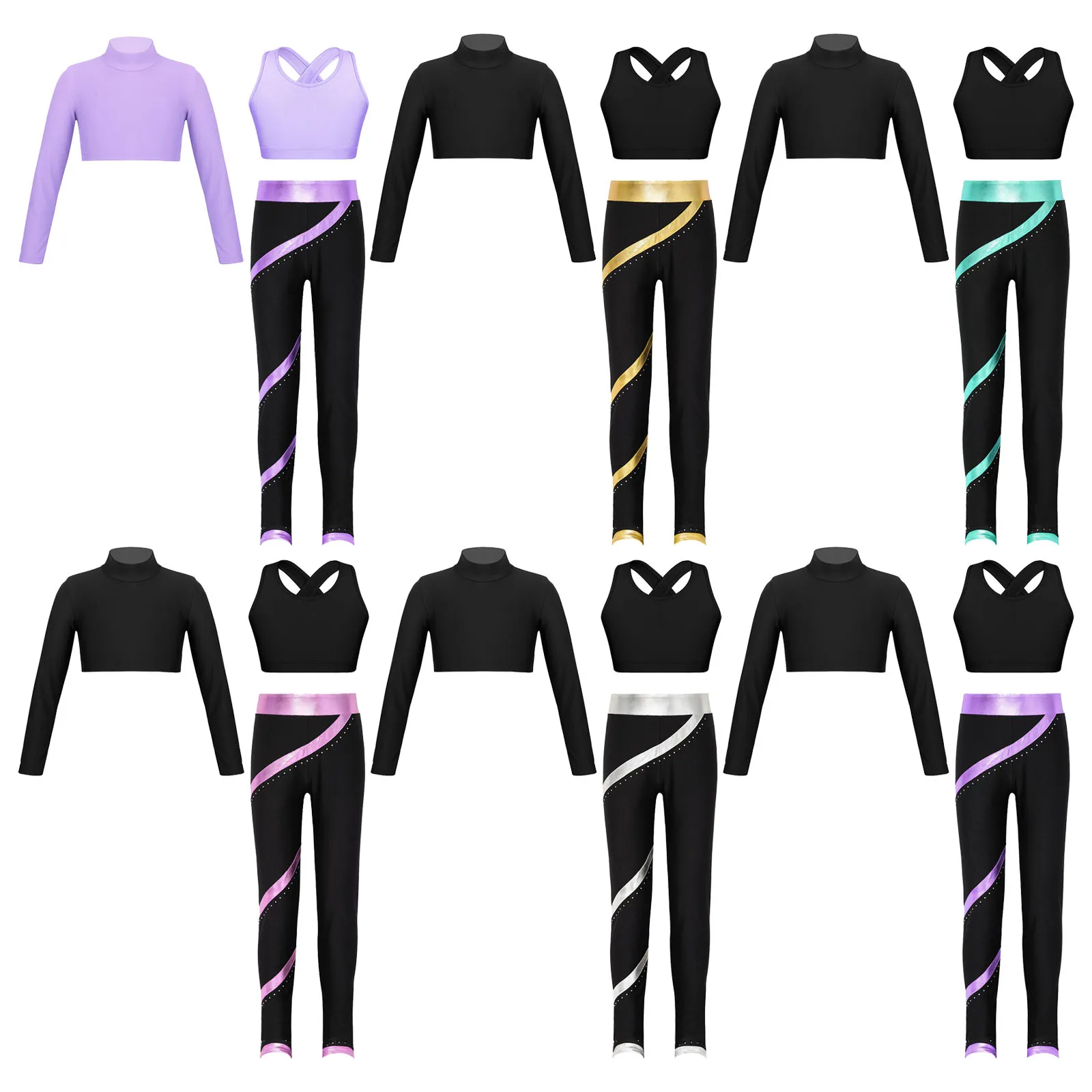 Kids Girls Sports Suit Long Sleeves T-shirt U Neck Cross Back Vest Shiny Rhinestones Metallic Striped Pants for Dance Workout