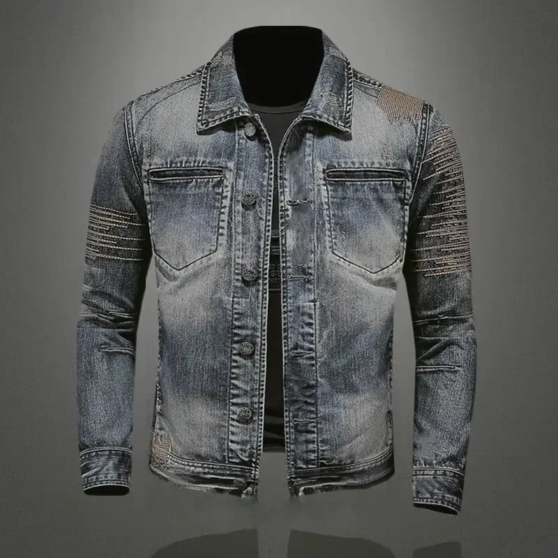 Male Jean Coats Ripped Button With Hole Men's Denim Jacket Korea One Piece Low Price Menswear Korean Popular Clothes Size L Cost