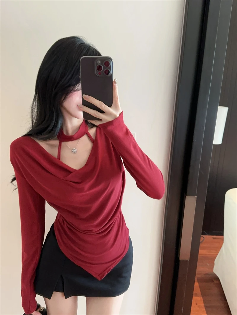 Autumn Hot Girl Sexy Hanging Neck Irregular Swing Collar Long Sleeve T-shirt Women