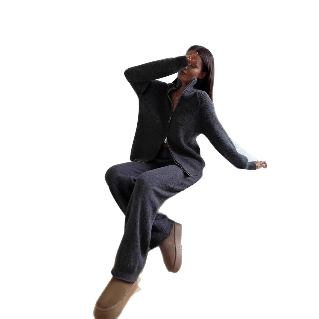 Conjunto de camisola de malha casual feminino com zíper casaco superior calças largas longo sve inverno faion conjunto design de cor pura