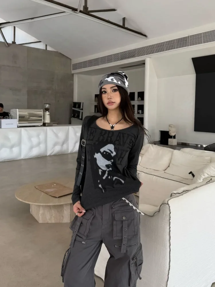 Autumn New Character Printed White T-shirt Women Y2k Aesthetic Slim Fit Base Crop Top Harajuku Vintage Spicy Girl Tees