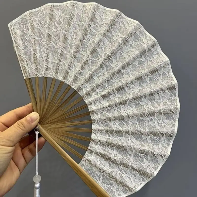 Lace Vintage Hand Fan With Tassel Pendant Handheld Embroidered Folding Fan White Delicate Hand Cranked Fan Photography Props