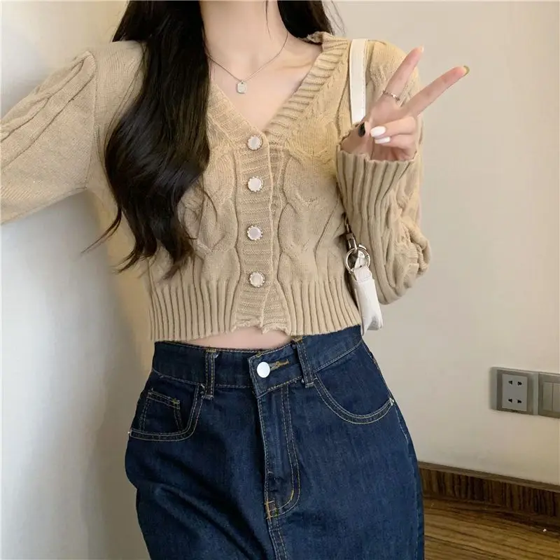 Cardigan Women Knitwear Autumn New Arrival V-neck Cropped Solid Sweater Twisted Clothing Harajuku Daily Chic All-match Aesthetic