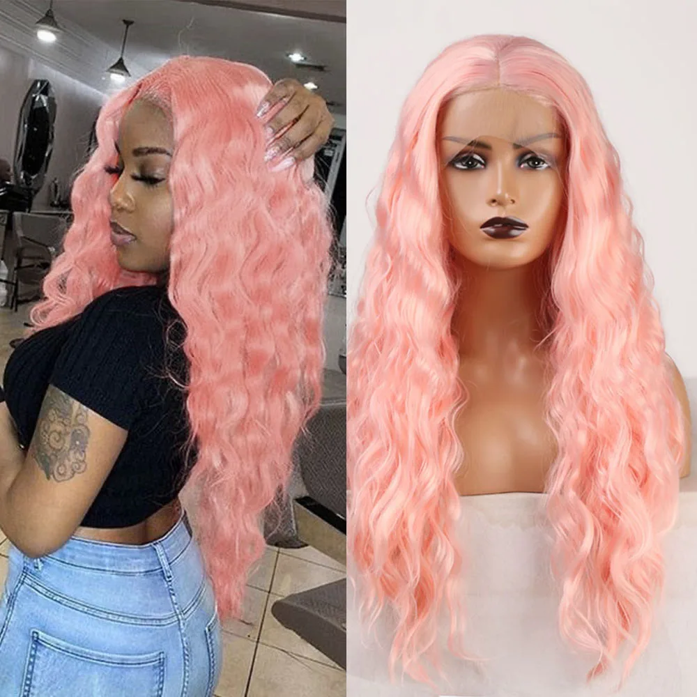 RONGDUOYI Light Pink Loose Curly Synthetic Hair Color Hair Wig Pink Hair Heat Resistant Fiber Synthetic Lace Front Wig For Women