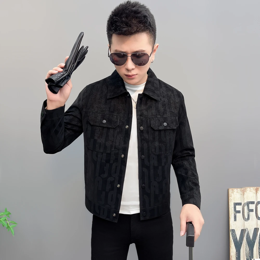 

Autumn New Sle Slim Fit Printed Collar Leather Jaet Men's Faion ort Outerwear Youth Active Sle Single Button Closure