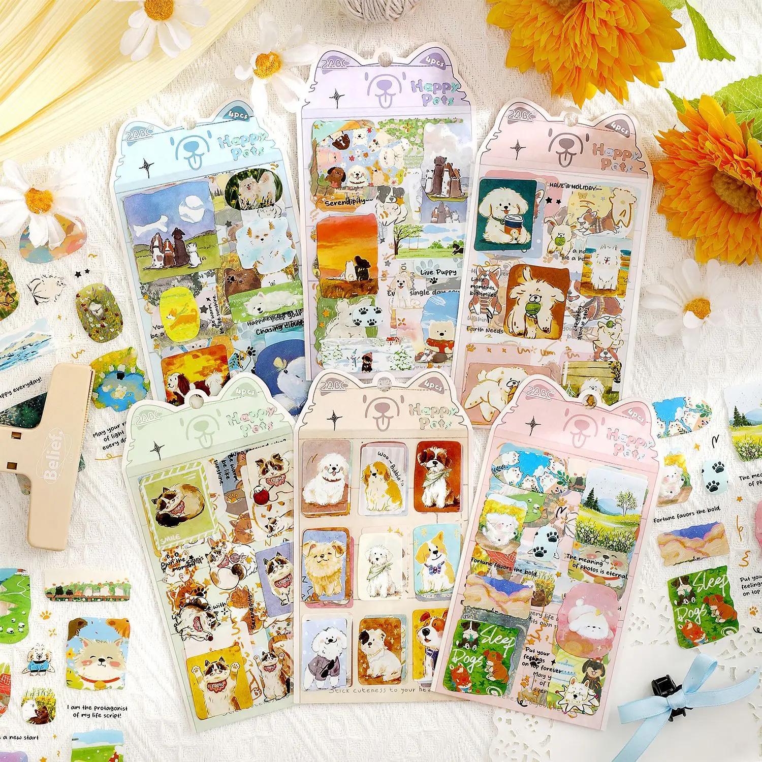 4 sheets Lovely Happy Pet PET Waterproof Stickers, Cartoon Animal Decor for Notebook Handmade Album