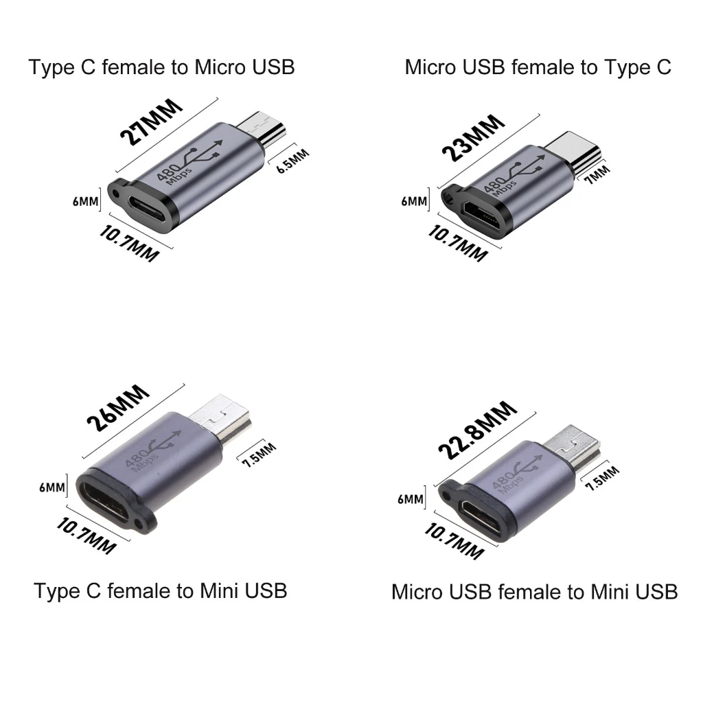 USB-C 미니 마이크로 USB 어댑터, 마이크로 USB-C 타입 미니 USB 컨버터 커넥터, 지지대 충전 데이터 동기화, 480Mbps, 18W 드롭쉽