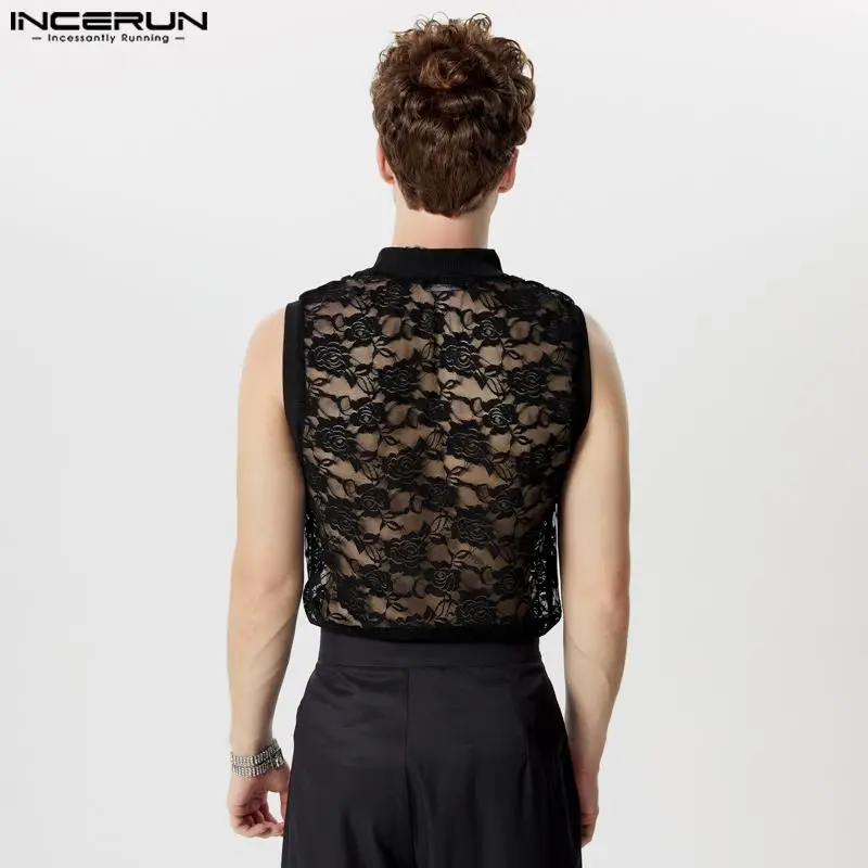 INCERUN Men Tank Tops Mesh Transparent Flower Turtleneck Sleeveless Male Vests Summer Streetwear 2024 Fashion Men Clothing S-5XL