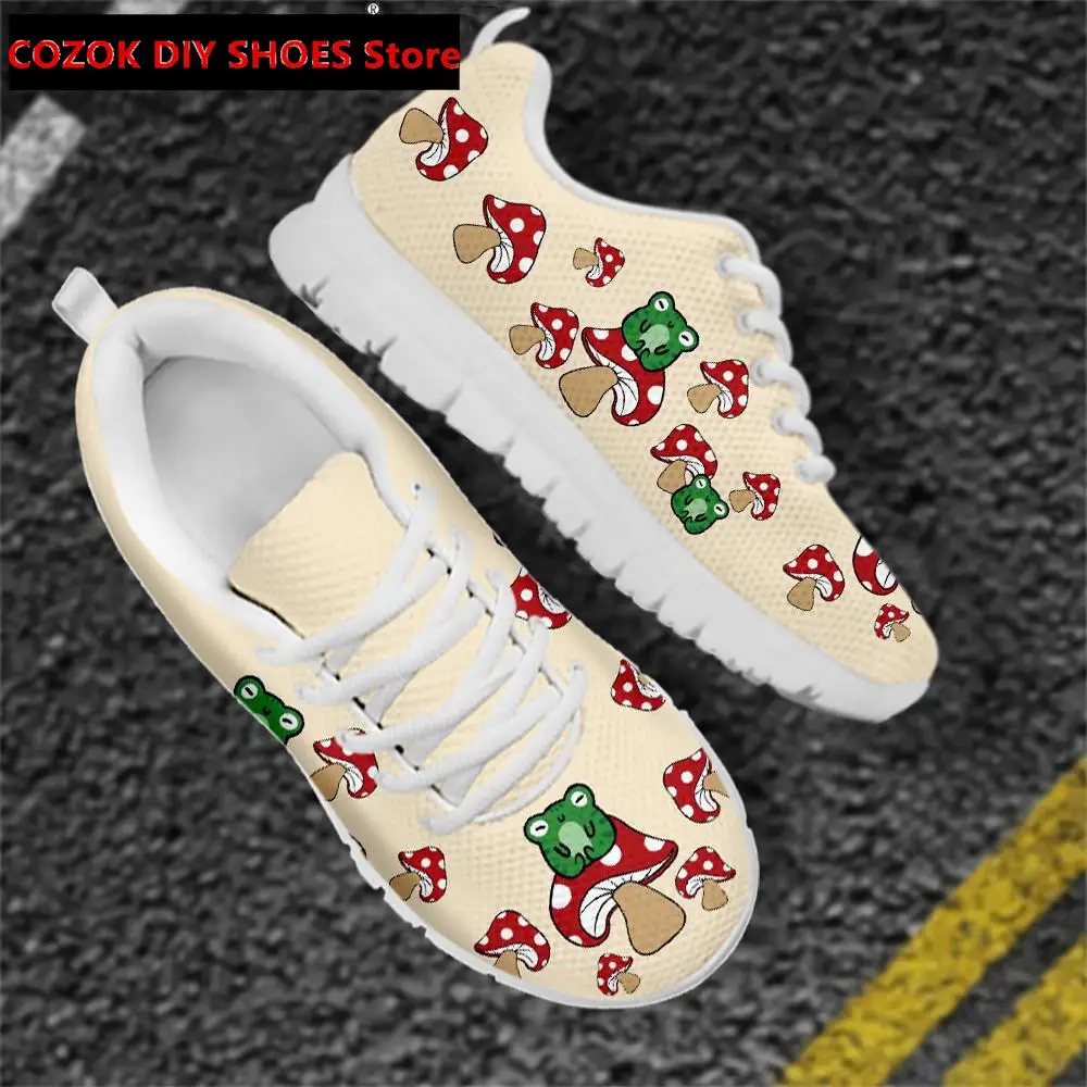 Casual Mesh Sneakers Woman Shoes Flat Cartoon Mushroom and Frog Print Brand Design Lightweight Walk Lace Up Footwear