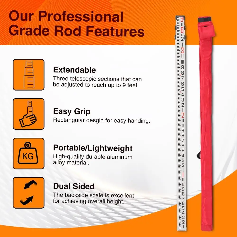 Aluminum Grade Rod 9ft with Carrying Case and Level Durable Lightweight Extendable Surveying Tool Maximum Visibility and Easy to