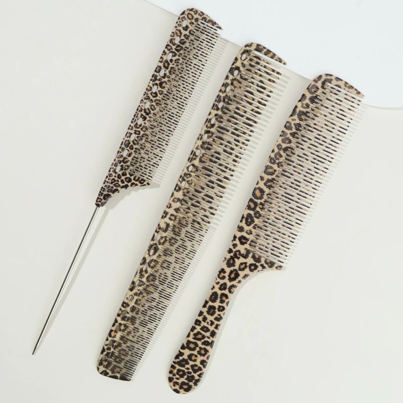 مجموعة واحدة إلى ثلاث قطع: مشط شعر بطبعة جلد الفهد الأصفر، مشط برأس مسطح، مادة ABS متينة + مقبض معدني ABS #1