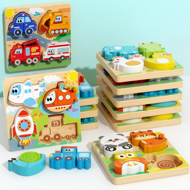

4-in-1 Wooden Toys 3D Wood Puzzle Cartoon Animals Cognitive Jigsaw Puzzle Early Learning Educational Toys For Children Gift