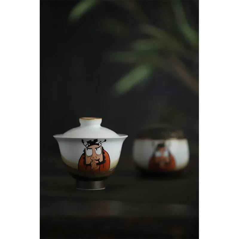 Jingdezhen Imitation Firewood Kiln Change Handmade Hand-Painted Fun Zhong Kui Tureen Ceramic Tea Bowl